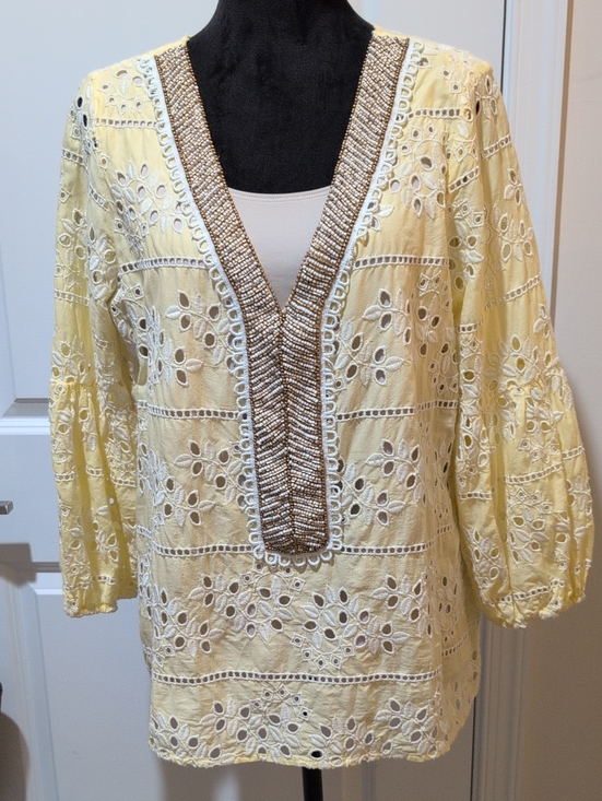 Chico's Tops - Like New Yellow Embroidered Yellow Eyelet V-Neck Women's Top W Beaded Neckline